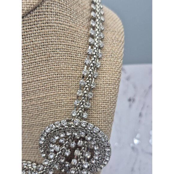 Silver Tone Crystal Statement Necklace Large Links Runway 20" Prom Clubwear - Picture 4 of 8